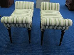 Pair - Green/Pale Striped Bed-End Benches Scroll Arms, Grooved Column