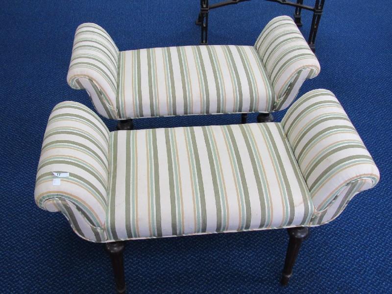 Pair - Green/Pale Striped Bed-End Benches Scroll Arms, Grooved Column