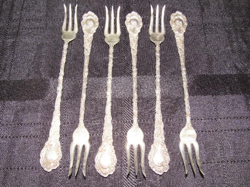 6 R.W. & S Sterling Lobster Forks Scroll/Floral Motif