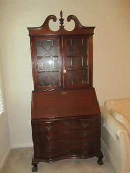 Splendid Mahogany Chippendale Style Serpentine Slant Front Secretary Bookcase