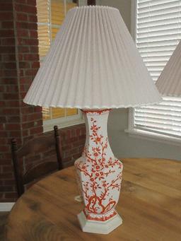 Elegant Pair Porcelain Vase Form 30" Table Lamps Oriental Style Flowering Cherry Tree Pattern