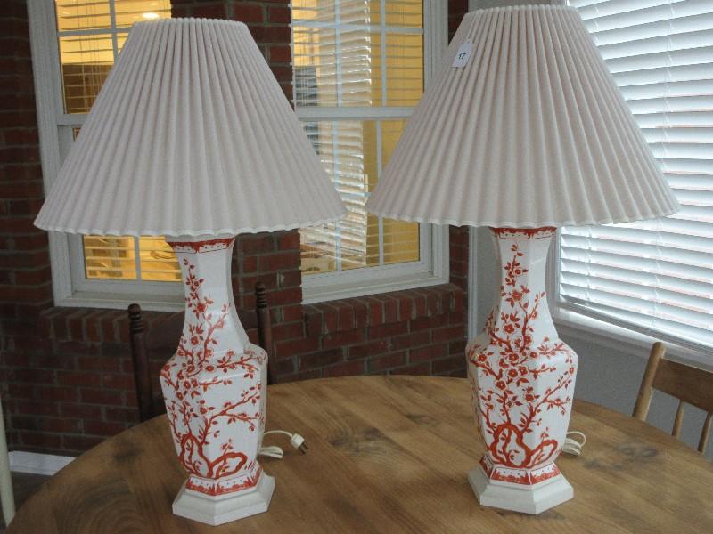 Elegant Pair Porcelain Vase Form 30" Table Lamps Oriental Style Flowering Cherry Tree Pattern