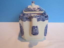 Masons Patent Ironstone China Vista Blue/White Pattern Fan Teapot & Lid