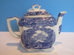 Masons Patent Ironstone China Vista Blue/White Pattern Fan Teapot & Lid