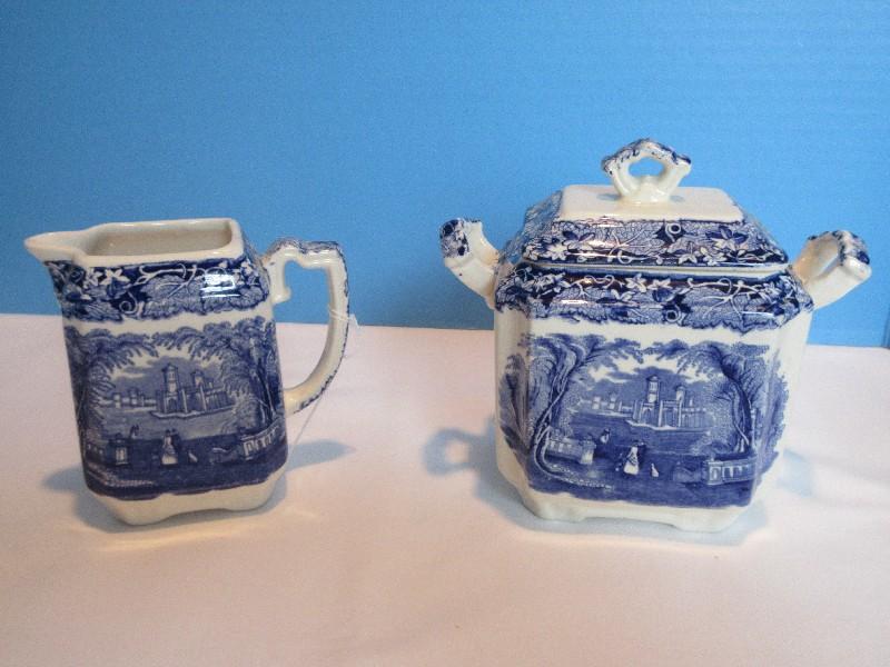 Pair - Masons Patent Ironstone China Vista Blue/White Pattern Blue Leaves Landscape Design