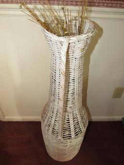 Tall White Wicker Grecian Vase Design Décor Vase w/ Faux Flowers