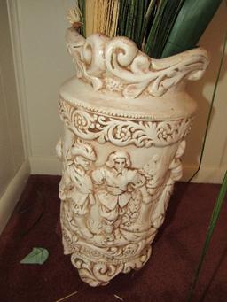 White Ceramic Planter w/ German Garden Party Motif w/ Faux Floral Motif Top