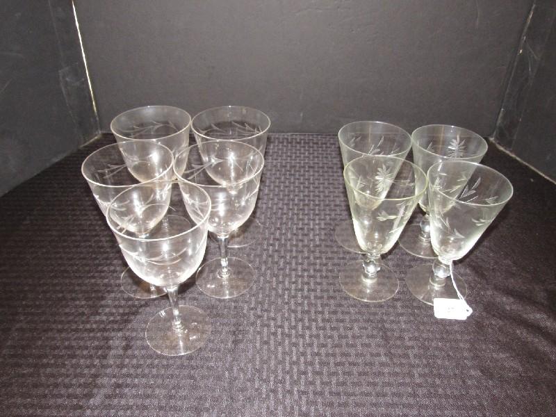 Lot - 4 Floral etched Goblets 6 1/4" H, 5 tall Glass Floral Etched 6 3/4" H