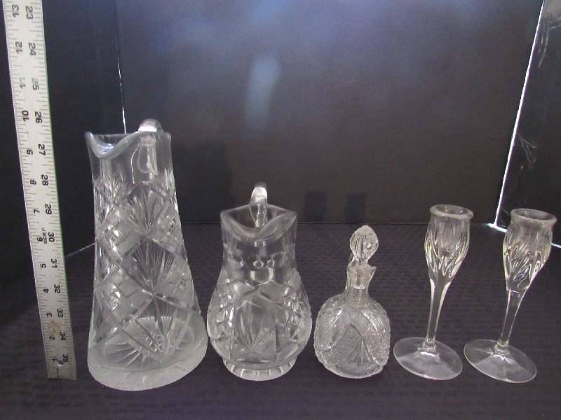 Glass Lot - Tall Diamond Cut/Fan Pottery Pitcher, Prescut Perfume Bottle