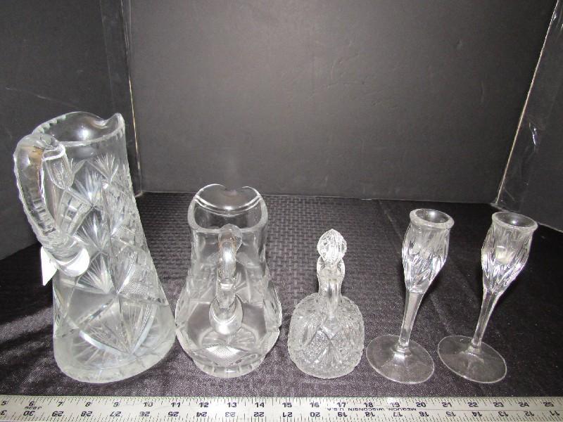 Glass Lot - Tall Diamond Cut/Fan Pottery Pitcher, Prescut Perfume Bottle