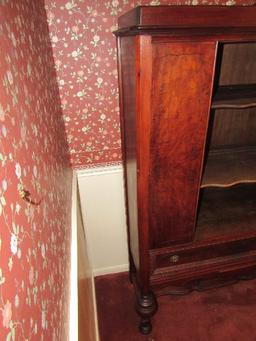 Vintage Large Wooden Display Cabinet 2 Wave Trim Shelves Inlay, Grooved Pattern