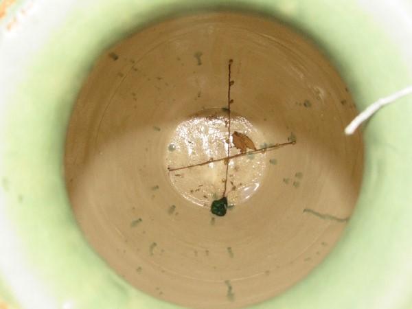 Large Green Ceramic Vase Pot Wide Body Narrow Neck/Top, Brown Mark Motif