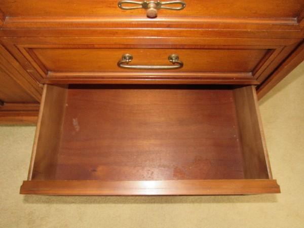 White Fine Furniture Long Dresser 9 Drawers, 2 Doors w/ Back Mirror, Brass Pulls