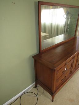 White Fine Furniture Long Dresser 9 Drawers, 2 Doors w/ Back Mirror, Brass Pulls