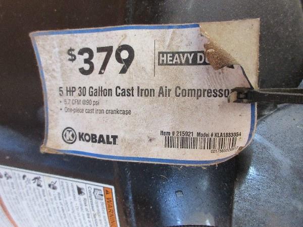 Kobalt 30 Gallon Cast Iron Air Compressor Mobile Tank