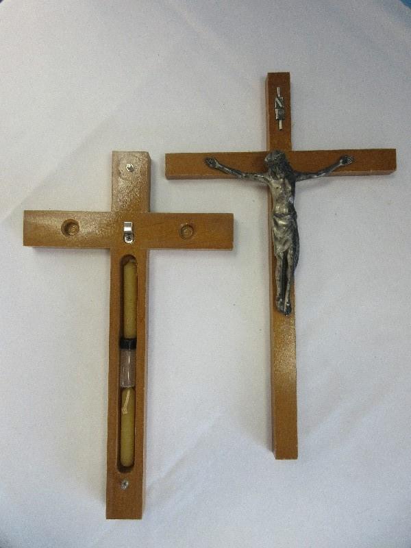 2 Sick Call Wood Crucifix Sets Silvertone 13" x 9" w/ Candles & Empty Bottle & Gilded