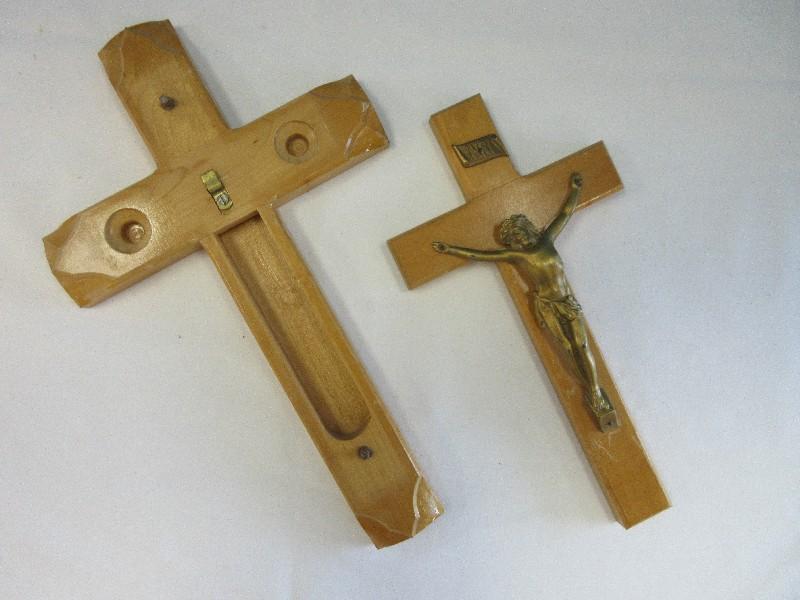 2 Sick Call Wood Crucifix Sets Silvertone 13" x 9" w/ Candles & Empty Bottle & Gilded