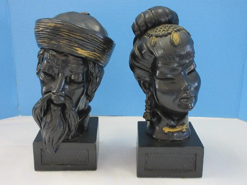 Pair - Universal Statuary Corp. Mid-Century Asian Man & Woman Chalkware Busts Circa 1960's