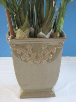 Realistic Silk Orchid in Ceramic Planter Relief Scroll Foliage Design Sage Mottled Glaze Finish