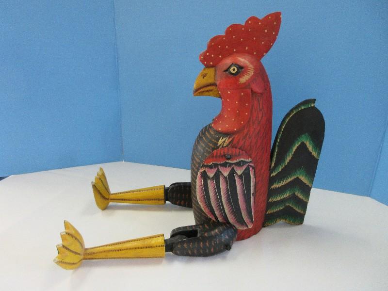 Whimsical Figural Rooster Carved Wooden Hand Painted Hinged Joint Puppet Shelf Décor