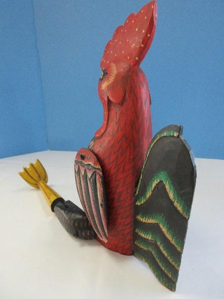 Whimsical Figural Rooster Carved Wooden Hand Painted Hinged Joint Puppet Shelf Décor