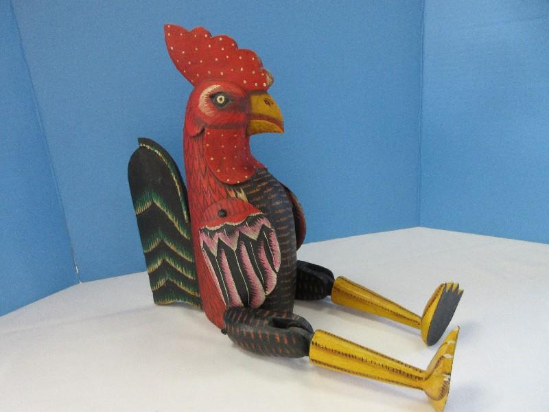 Whimsical Figural Rooster Carved Wooden Hand Painted Hinged Joint Puppet Shelf Décor