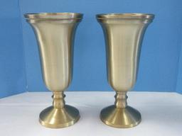 Pair - Classic Trumpet Flared Rim 12" Vase Brushed Lacquered Finish & Bead Trim