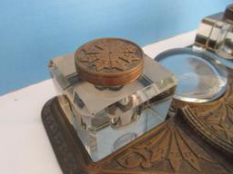 Rare Find Antique Bronze Art Nouveau Inkwells Desk Set Stand w/ Magnifier Disc.