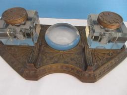 Rare Find Antique Bronze Art Nouveau Inkwells Desk Set Stand w/ Magnifier Disc.