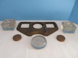 Rare Find Antique Bronze Art Nouveau Inkwells Desk Set Stand w/ Magnifier Disc.