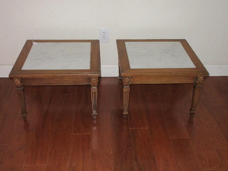 Pair - Italian Neoclassical Style Low Fruitwood Side Tables w/ Marble Insert Tops