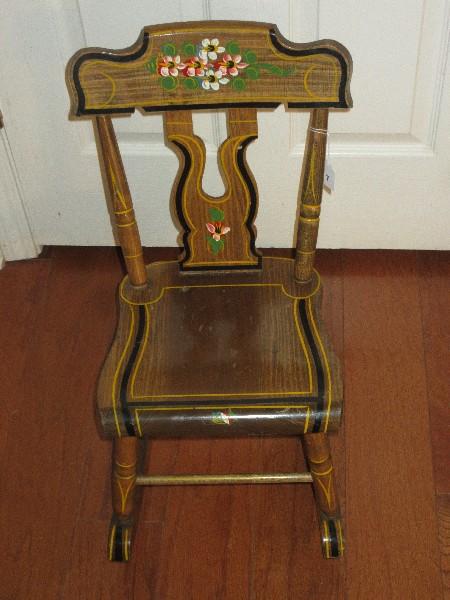 Vintage Pine Child's Rocker Rocking Chair Hand Painted Floral Spray w/ Black & Gilt Trim Outline