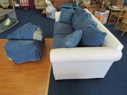 White Fold Out Sealy Sleep Bed/Sofa w/ Denim Seats/Pillows & Denim Ottoman