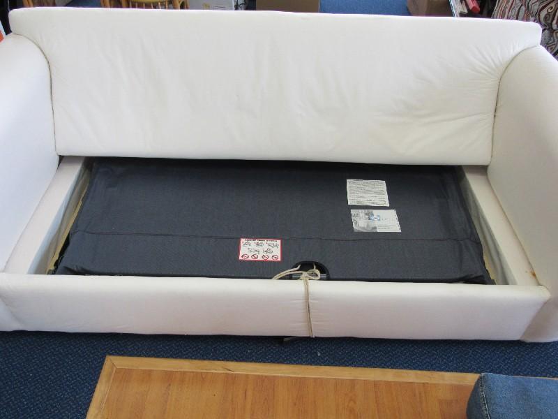 White Fold Out Sealy Sleep Bed/Sofa w/ Denim Seats/Pillows & Denim Ottoman