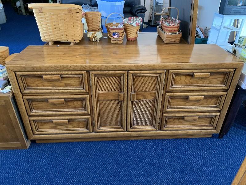 Tall Wooden Dresser, Ribbed Front, Hutch Doors, Square Cut Motif Design