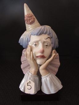 Lladro © Daisa 1981 No.25N Porcelain Sad Clown Head in Hands 12" H on Wood Stand