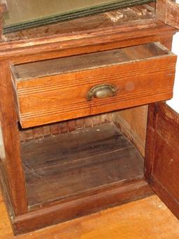 Early Oak Display Case Curio on 1 Over 1 Base Cabinet & Glass Shelves