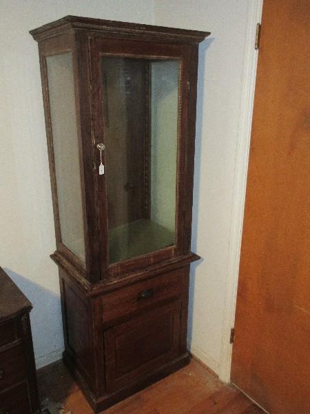 Early Oak Display Case Curio on 1 Over 1 Base Cabinet & Glass Shelves