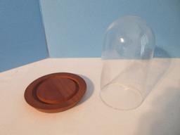 Group 2 3/4" Glass Cloche Dome w/ Wooden Base 9 1/2", Round Mirror Plateau 12"