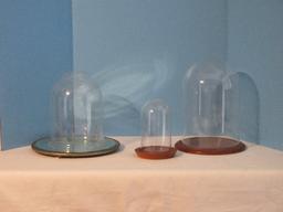 Group 2 3/4" Glass Cloche Dome w/ Wooden Base 9 1/2", Round Mirror Plateau 12"