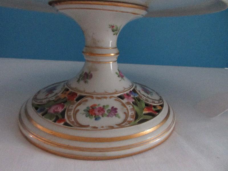 Antique S.P. Dresden Porcelain Floral Bouquet Pattern Pedestal Cake Plate