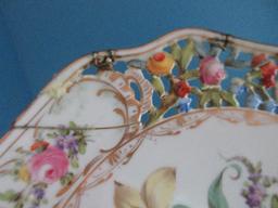 Antique S.P. Dresden Porcelain Floral Bouquet Pattern Pedestal Cake Plate