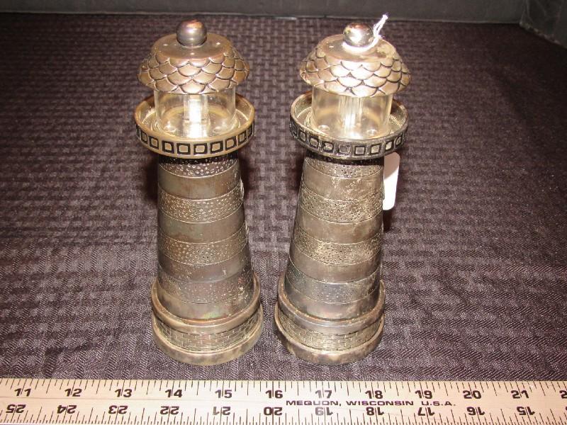 Pair - Vintage Silverplate Lighthouses by Godinger Salt & Pepper Mill