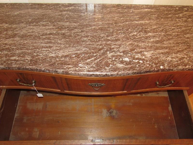 Antique Buffet 5 Drawers w/ Brown Marble Top Ornate Metal Pulls/3 Escutcheons Bow Front