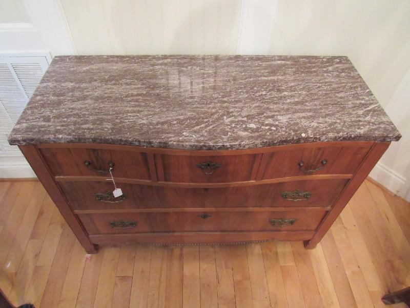 Antique Buffet 5 Drawers w/ Brown Marble Top Ornate Metal Pulls/3 Escutcheons Bow Front