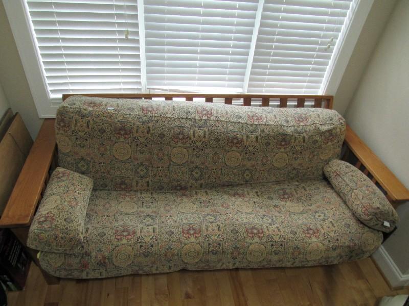 LL BEAN-Wooden Slat Futon Sofa, Wooden Arms, Block Feet, Ornate Upholstered Cushions