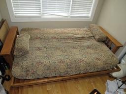 LL BEAN-Wooden Slat Futon Sofa, Wooden Arms, Block Feet, Ornate Upholstered Cushions