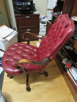 Lovely Red Leather Upholstered Pin Back/Cushion Desk Chair w/ Pin Sides, Scroll Wooden Arms