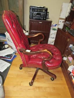 Lovely Red Leather Upholstered Pin Back/Cushion Desk Chair w/ Pin Sides, Scroll Wooden Arms