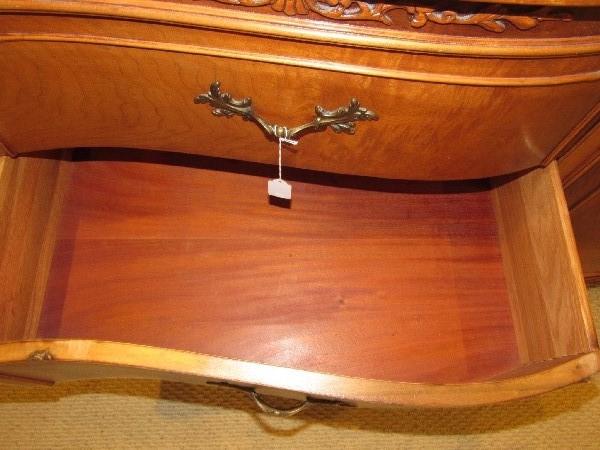 Wooden Vintage Dresser w/ Attached Mirror & 6 Drawers, Bow Front w/ Scroll Trim